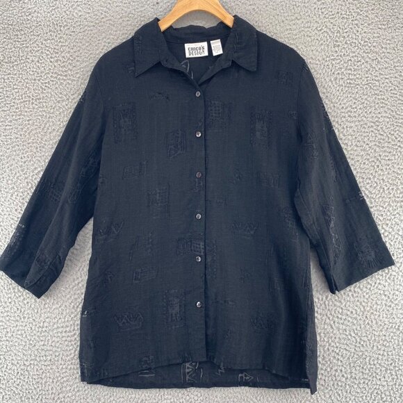 Chicos Top Womens 1 US Medium Black Burnout Tribal Button Up Collar 3/4 Sleeve - Picture 10 of 11